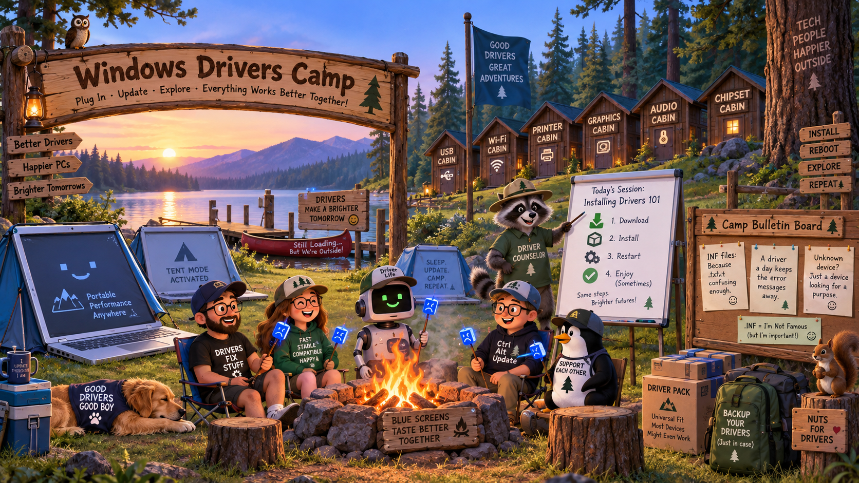 A humorous Windows Drivers Camp scene with technicians, animals, and driver-themed cabins around a campfire.